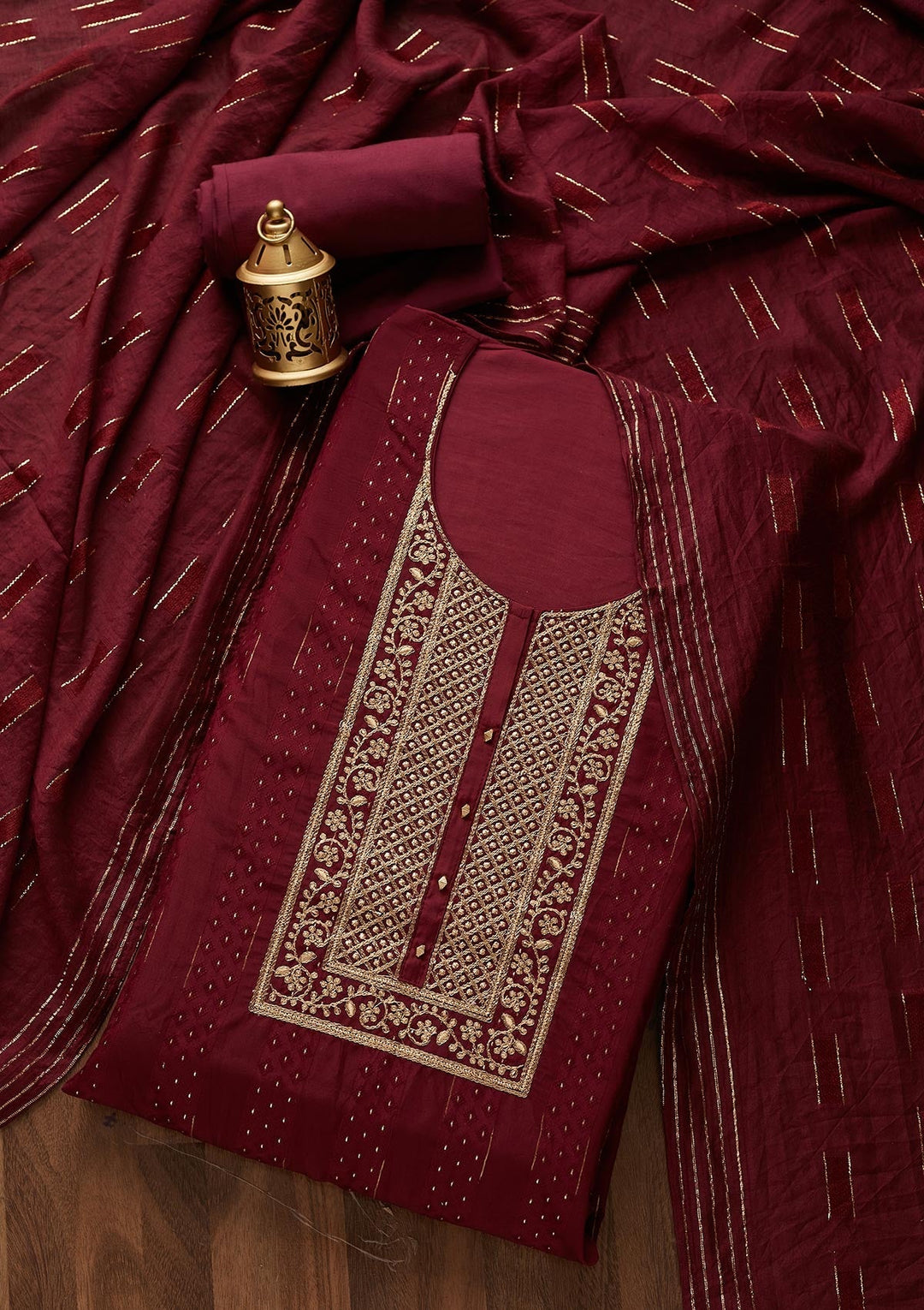Wine Zariwork Semi Crepe Designer Semi-Stitched Salwar Suit - Koskii