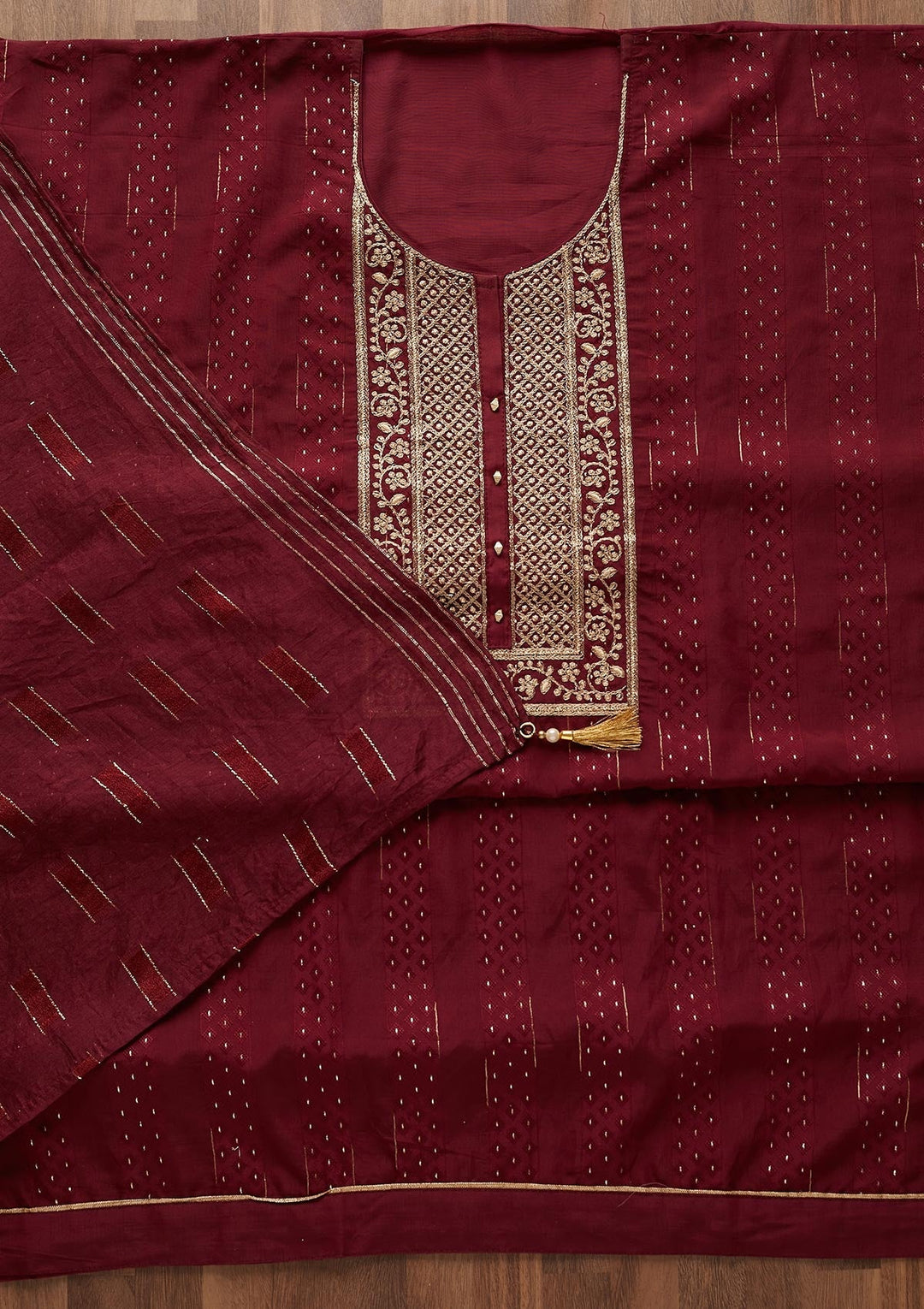 Wine Zariwork Semi Crepe Designer Semi-Stitched Salwar Suit - Koskii