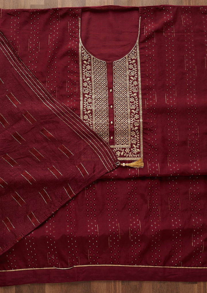 Wine Zariwork Semi Crepe Designer Semi-Stitched Salwar Suit - Koskii