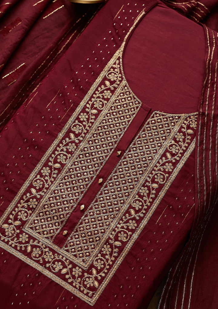 Wine Zariwork Semi Crepe Designer Semi-Stitched Salwar Suit - Koskii