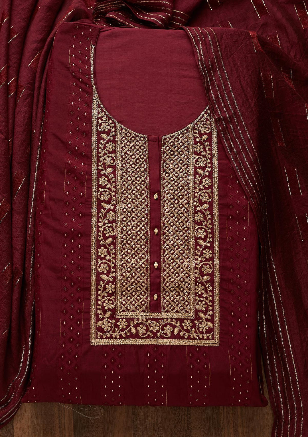 Wine Zariwork Semi Crepe Designer Semi-Stitched Salwar Suit - Koskii