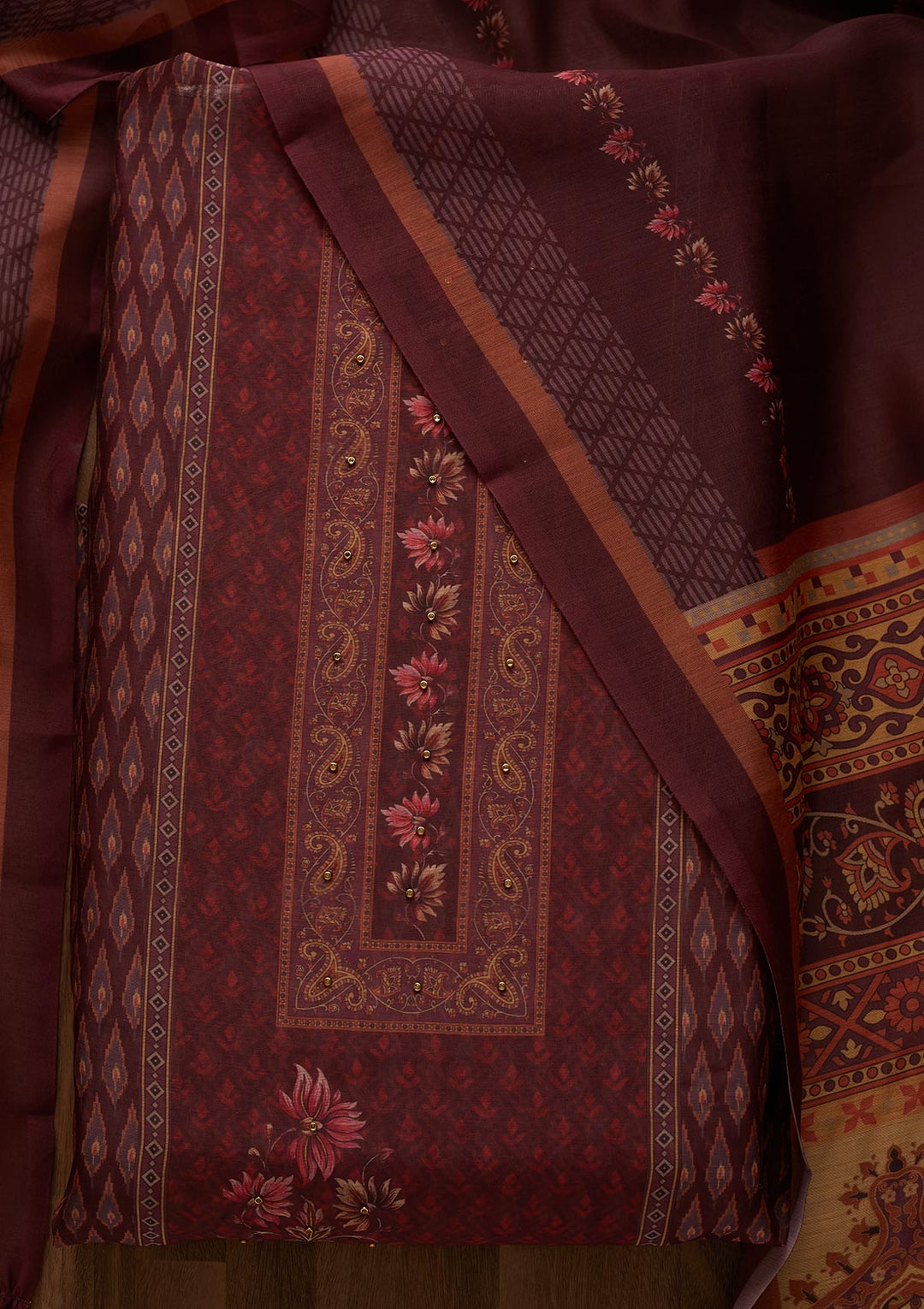 Wine Zariwork Semi Crepe Semi-Stitched Salwar Suit-Koskii