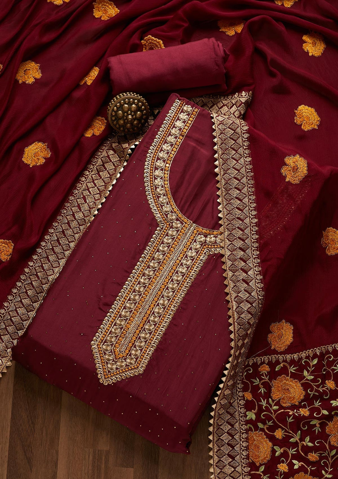 Wine Zariwork Semi Crepe Unstitched Salwar Suit- Koskii