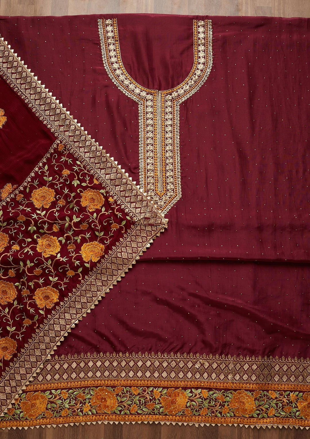 Wine Zariwork Semi Crepe Unstitched Salwar Suit - Koskii