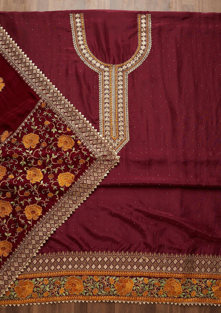 Wine Zariwork Semi Crepe Unstitched Salwar Suit - Koskii