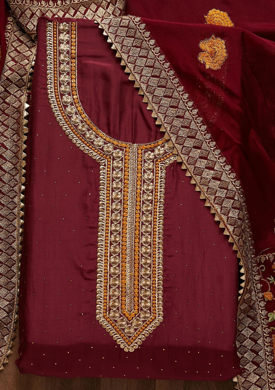 Wine Zariwork Semi Crepe Unstitched Salwar Suit - Koskii
