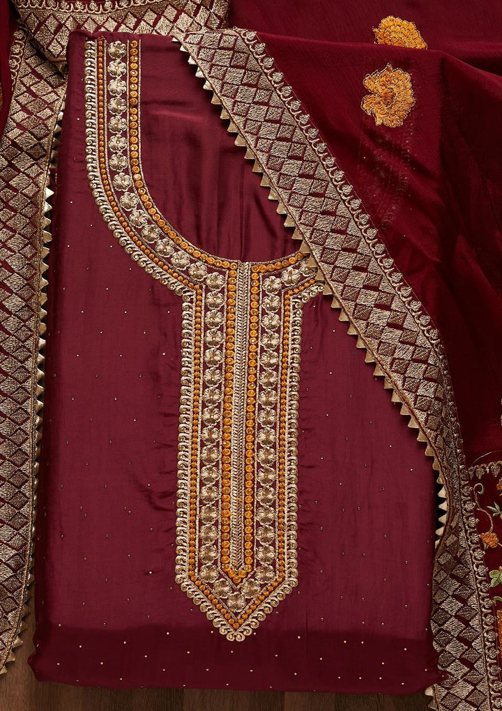 Wine Zariwork Semi Crepe Unstitched Salwar Suit - Koskii
