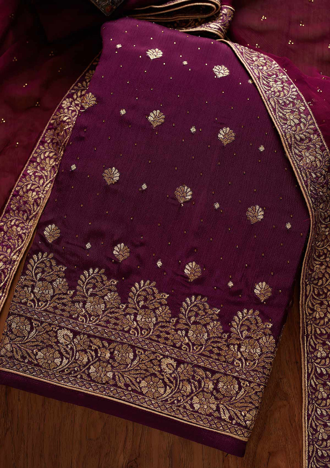 Wine Zariwork Semi Crepe Designer Semi-Stitched Salwar Suit - koskii