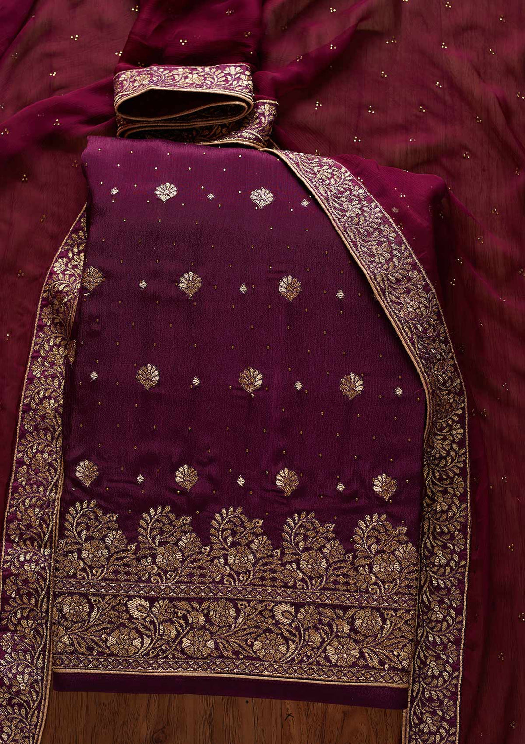 Wine Zariwork Semi Crepe Designer Semi-Stitched Salwar Suit - koskii