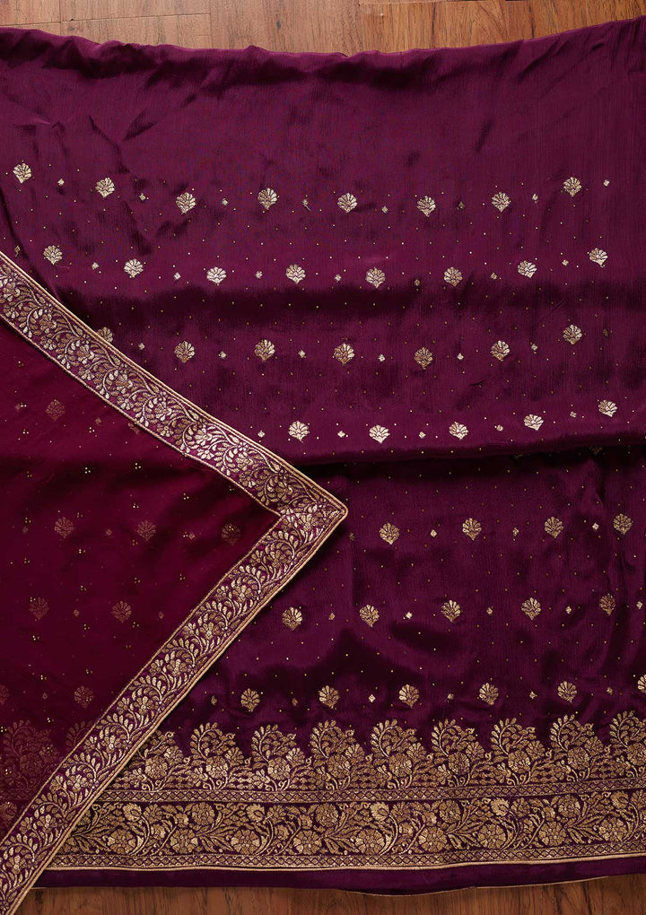Wine Zariwork Semi Crepe Designer Semi-Stitched Salwar Suit - koskii