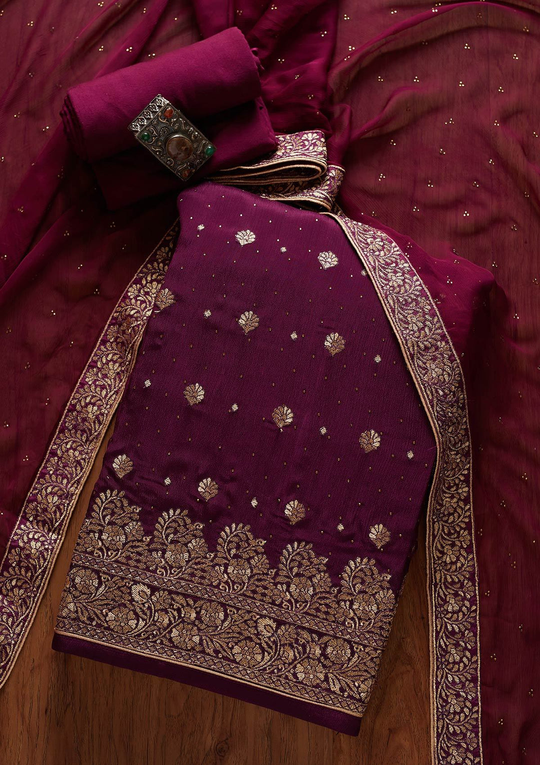 Wine Zariwork Semi Crepe Designer Semi-Stitched Salwar Suit - koskii