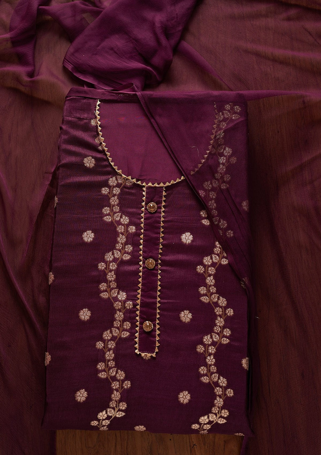 Wine Zariwork Semi Crepe Designer Unstitched Salwar Suit - koskii