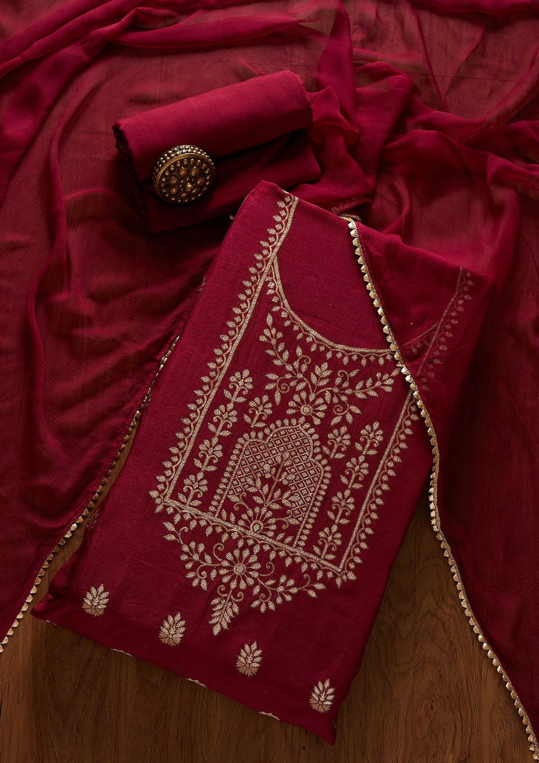 Wine Zariwork Semi Crepe Designer Unstitched Salwar Suit - koskii