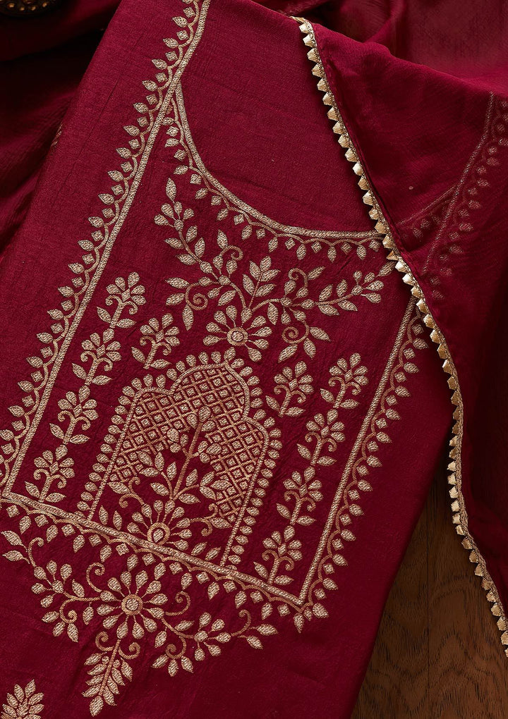 Wine Zariwork Semi Crepe Designer Unstitched Salwar Suit - koskii