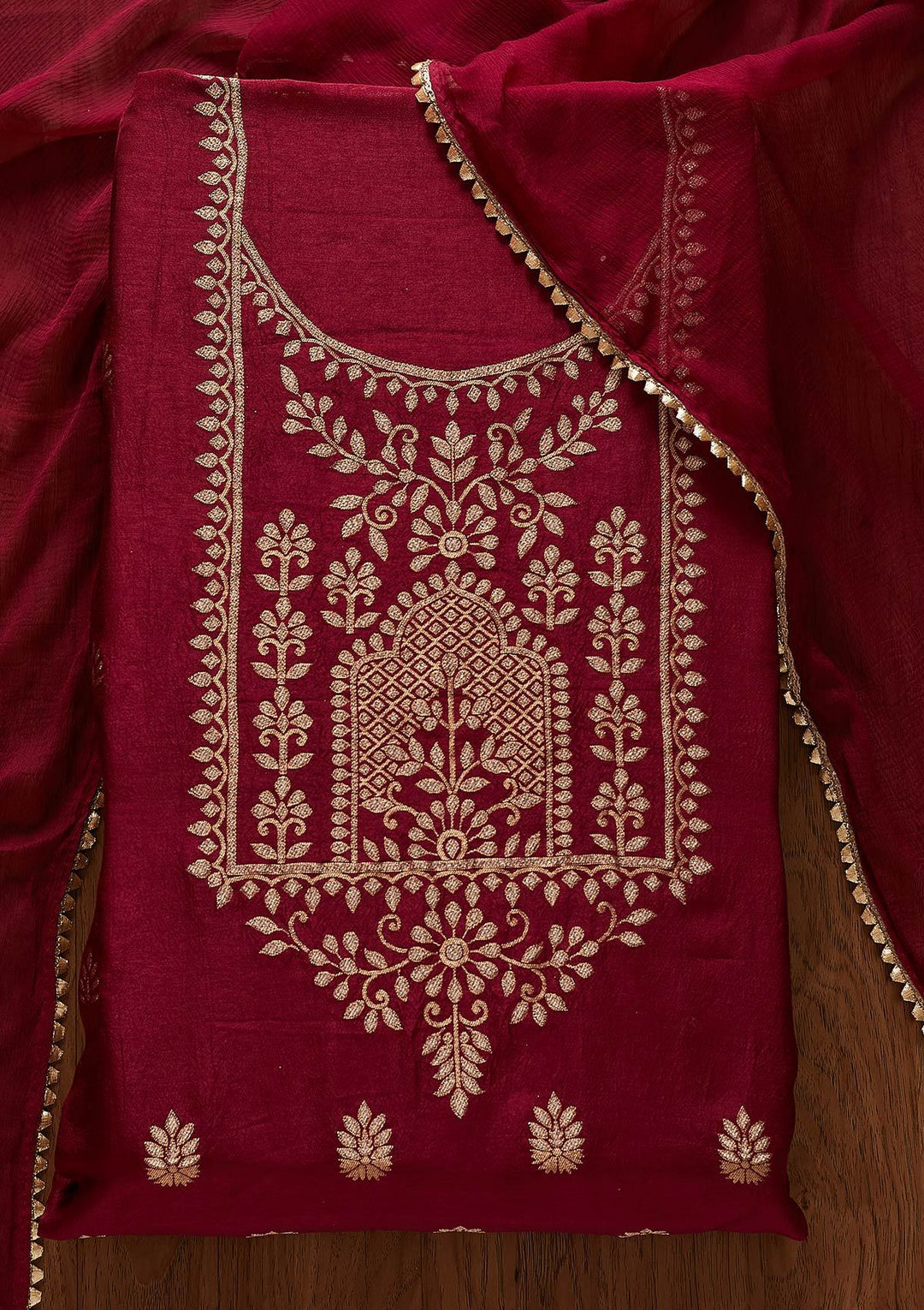Wine Zariwork Semi Crepe Designer Unstitched Salwar Suit - koskii