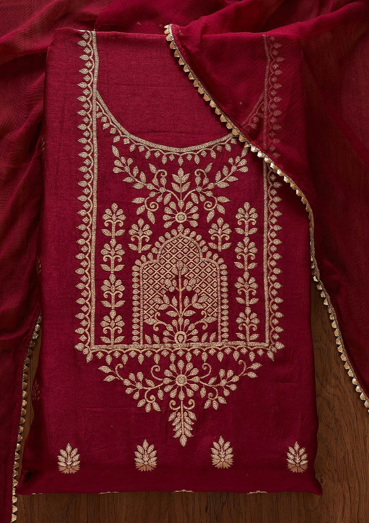 Wine Zariwork Semi Crepe Designer Unstitched Salwar Suit - koskii