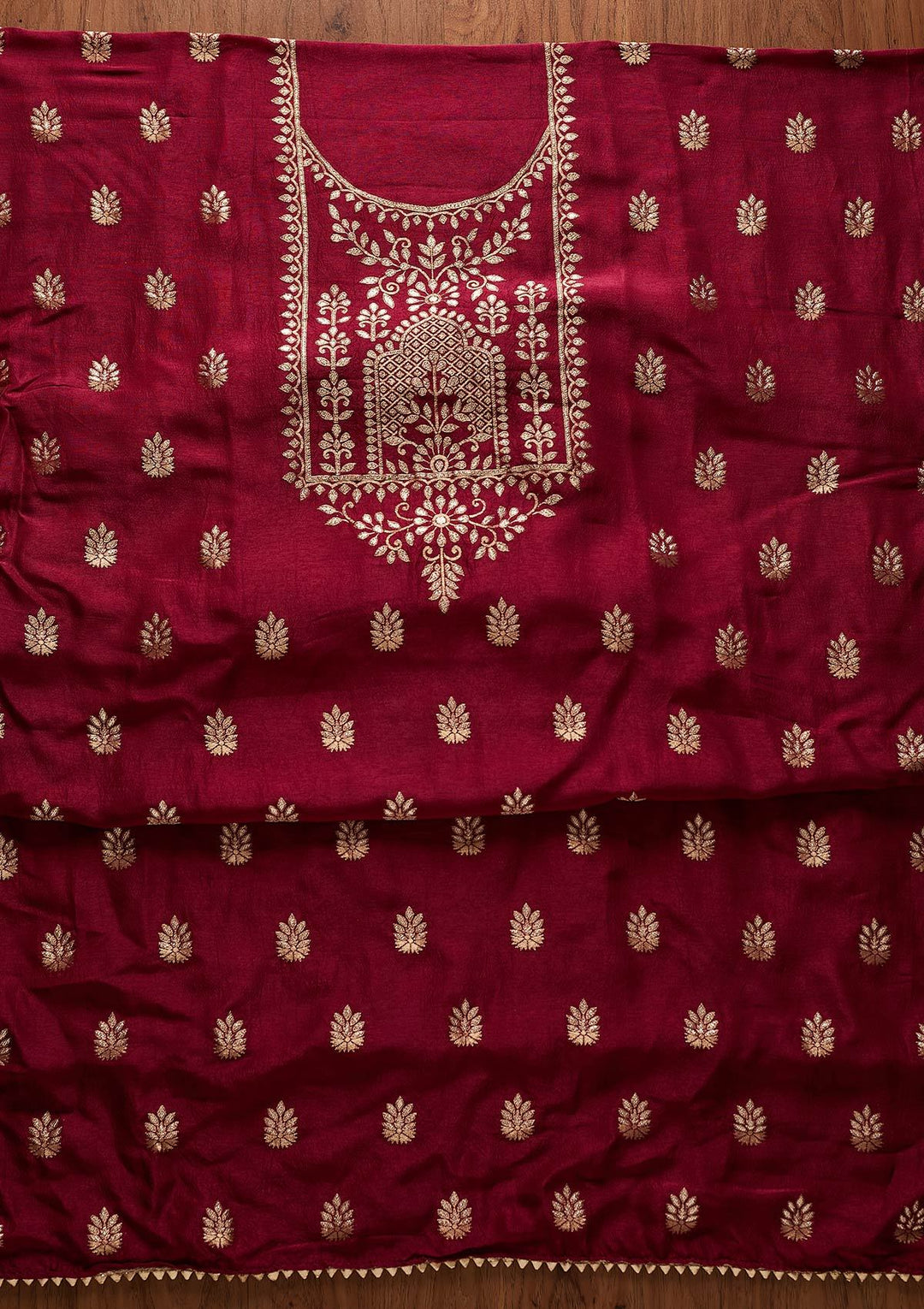 Wine Zariwork Semi Crepe Designer Unstitched Salwar Suit - koskii