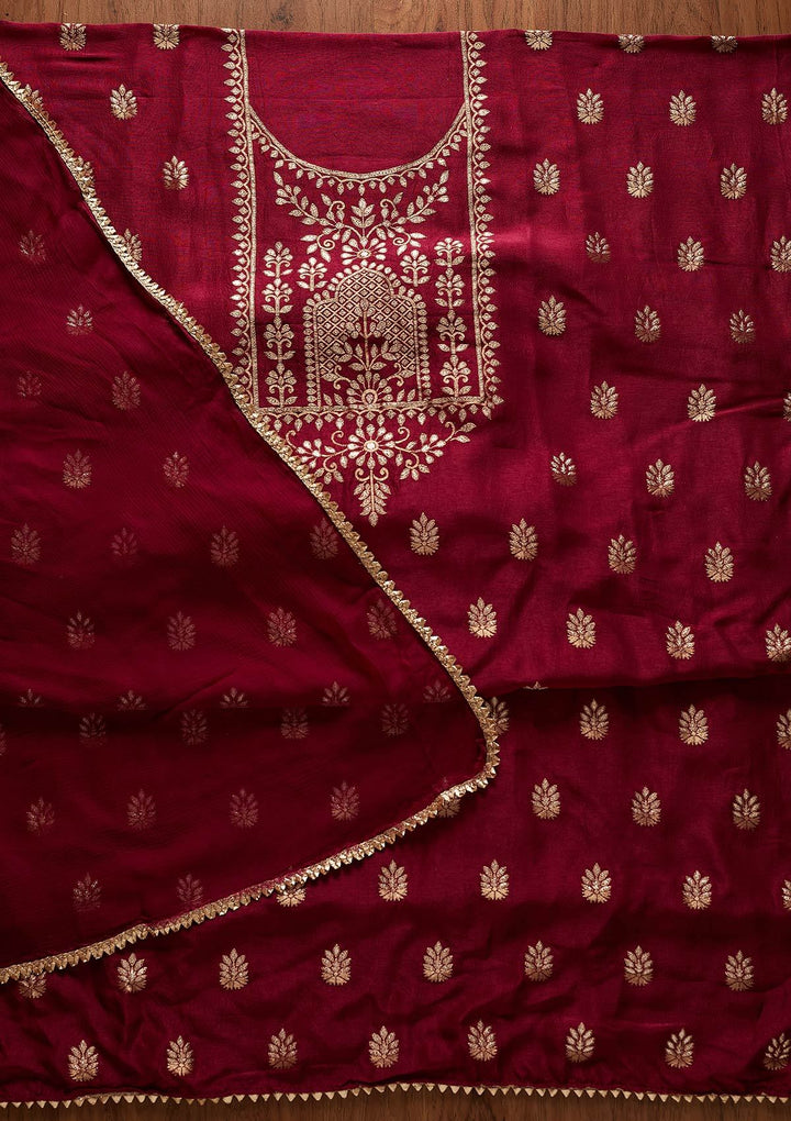 Wine Zariwork Semi Crepe Designer Unstitched Salwar Suit - koskii