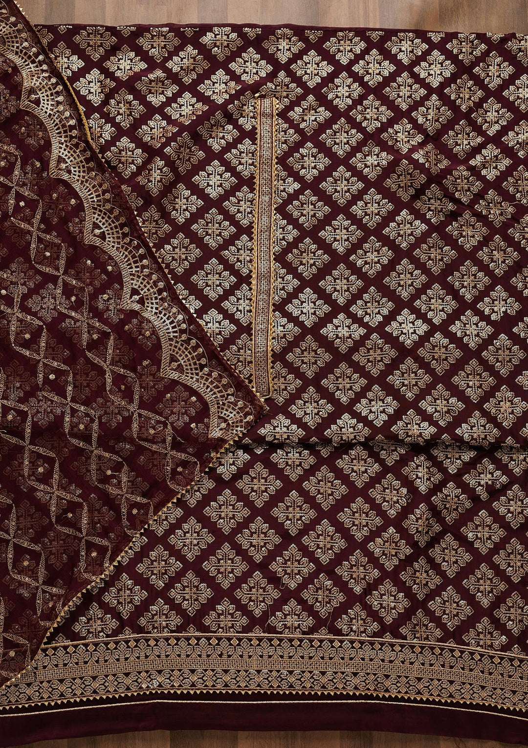 Wine Zariwork Semi Crepe Unstitched Salwar Suit-Koskii