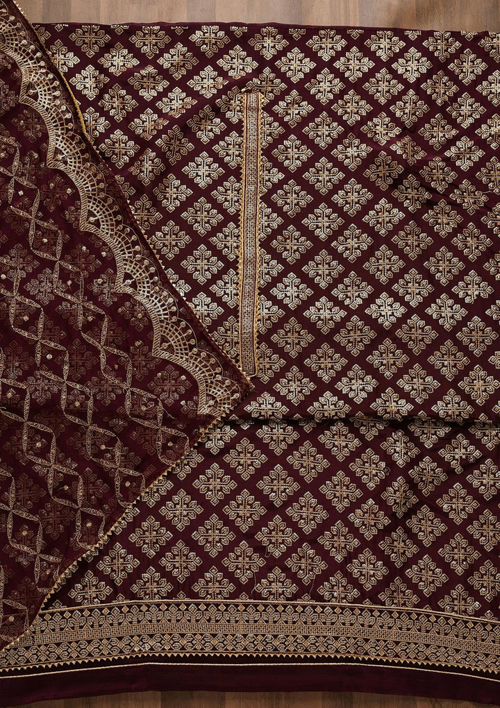 Wine Zariwork Semi Crepe Unstitched Salwar Suit-Koskii