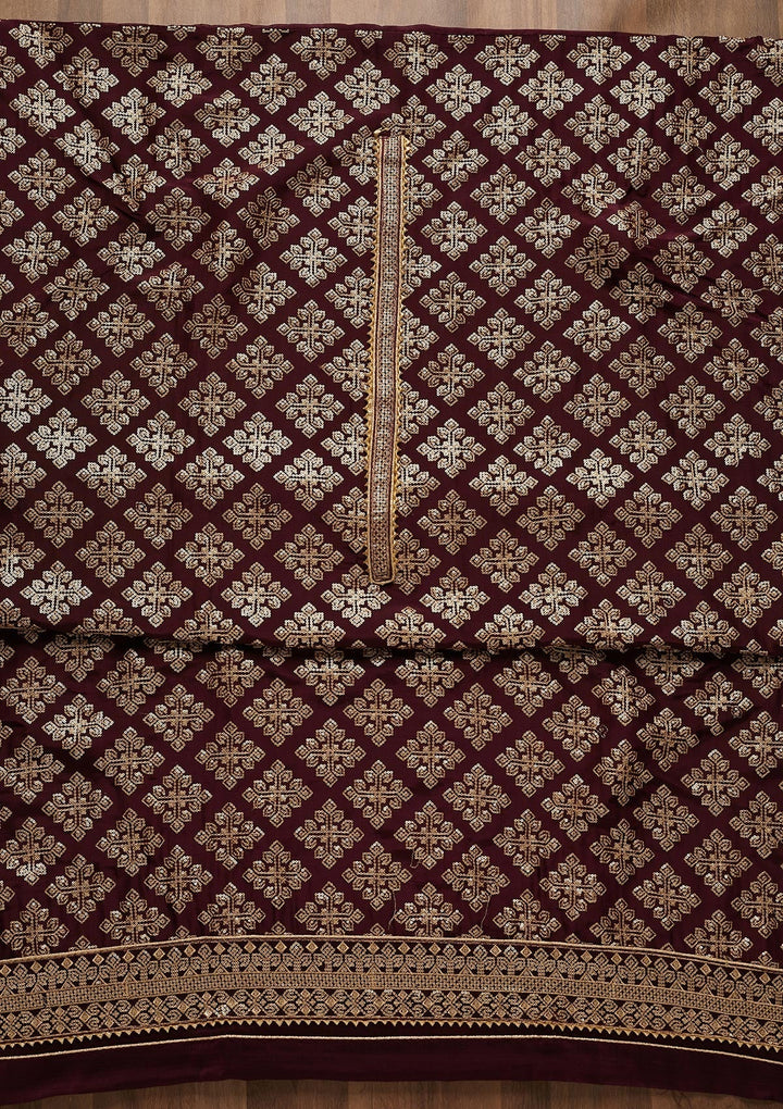 Wine Zariwork Semi Crepe Unstitched Salwar Suit-Koskii