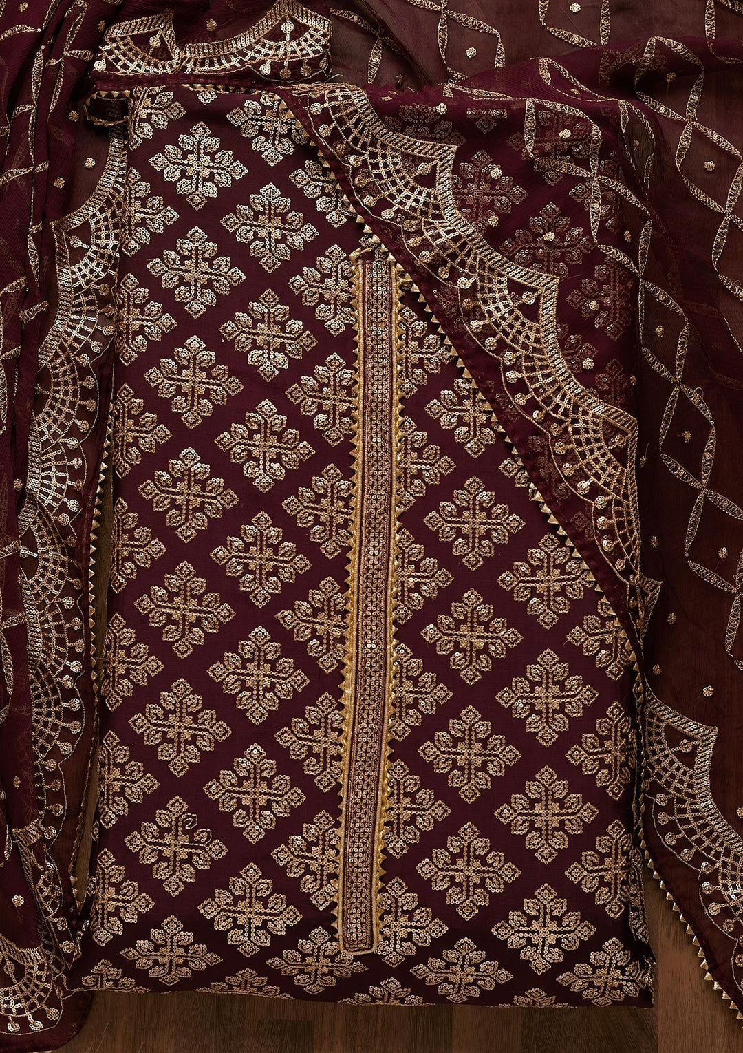 Wine Zariwork Semi Crepe Unstitched Salwar Suit-Koskii