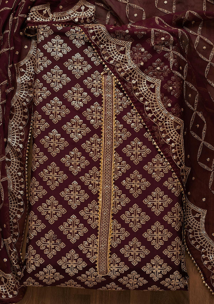 Wine Zariwork Semi Crepe Unstitched Salwar Suit-Koskii
