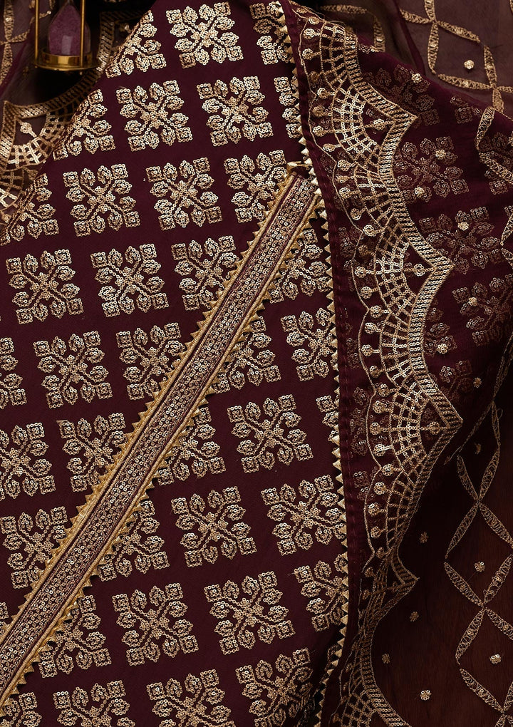 Wine Zariwork Semi Crepe Unstitched Salwar Suit-Koskii