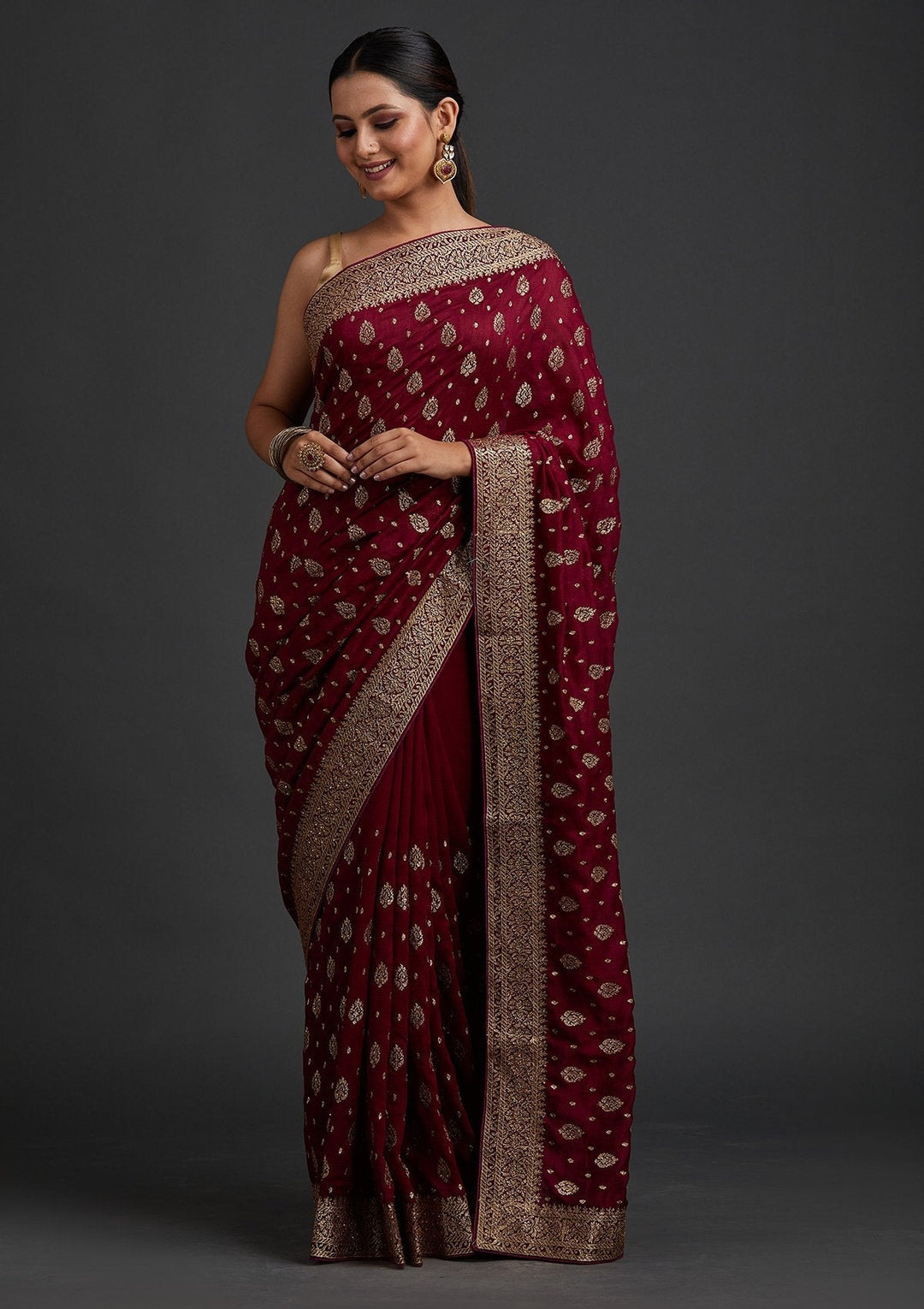 Wine Zariwork Semi Crepe Designer Saree - koskii