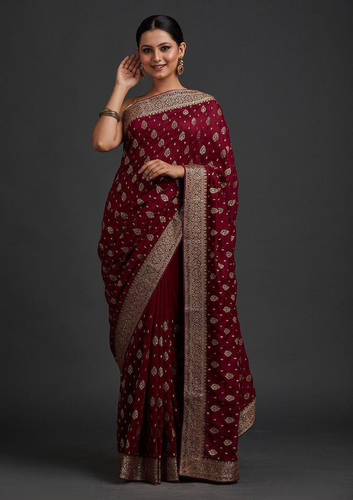 Wine Zariwork Semi Crepe Designer Saree - koskii