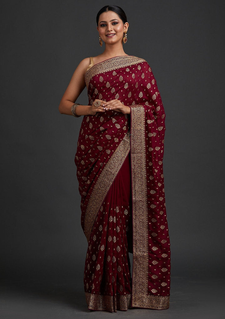 Wine Zariwork Semi Crepe Designer Saree - koskii