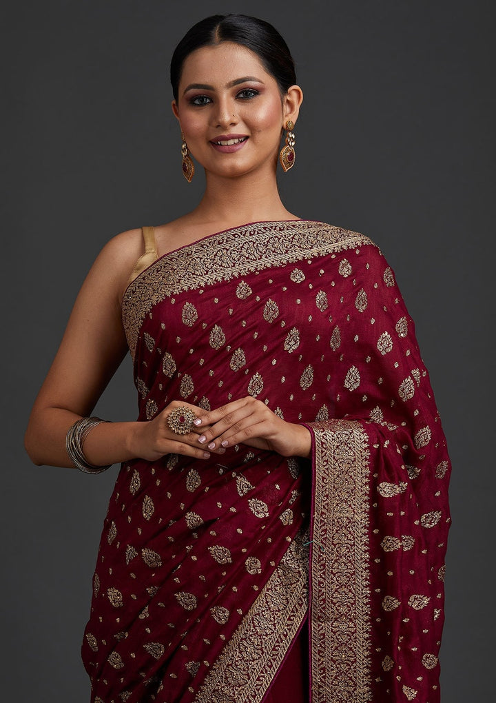 Wine Zariwork Semi Crepe Designer Saree - koskii