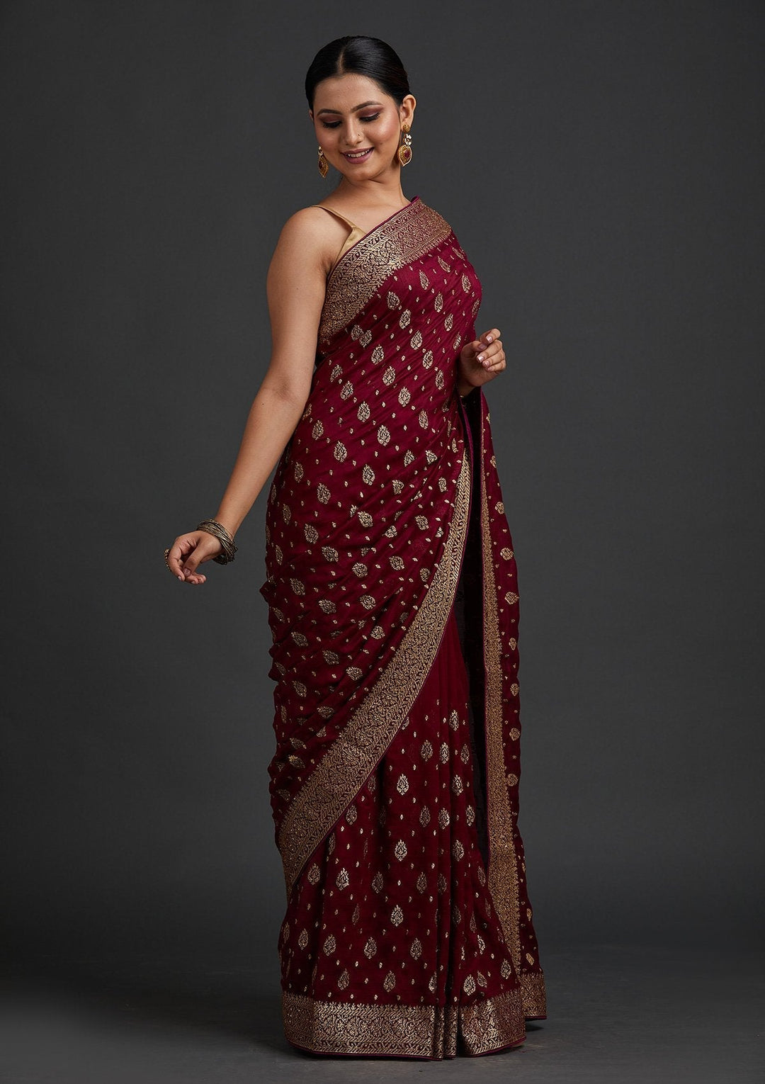 Wine Zariwork Semi Crepe Designer Saree - koskii