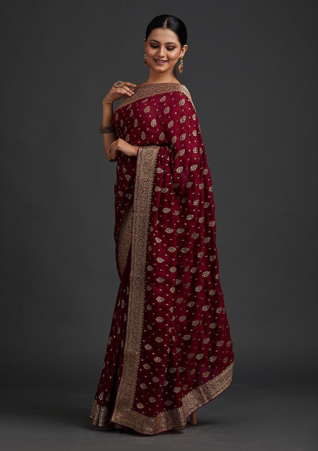 Wine Zariwork Semi Crepe Designer Saree - koskii