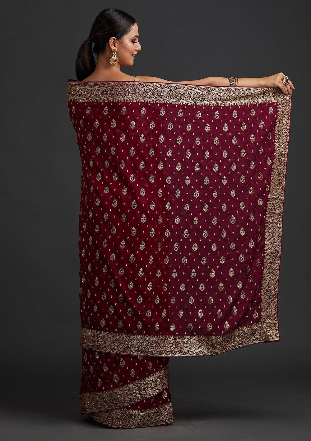 Wine Zariwork Semi Crepe Designer Saree - koskii