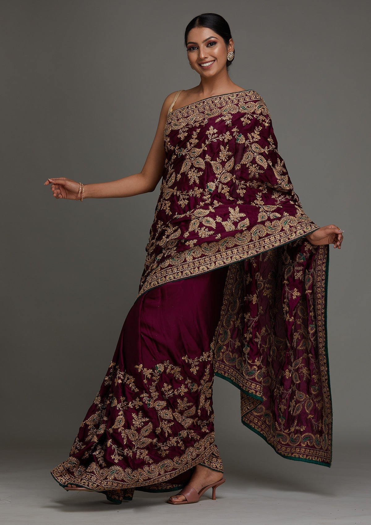 Wine Zariwork Semi Crepe Saree- Koskii