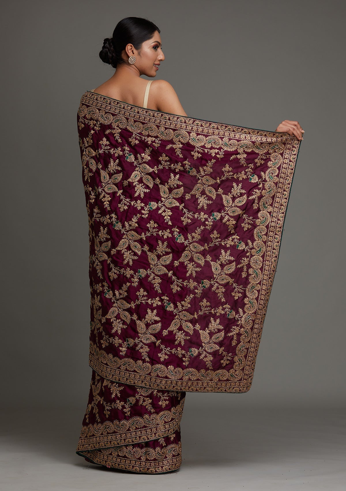 Wine Zariwork Semi Crepe Saree - Koskii