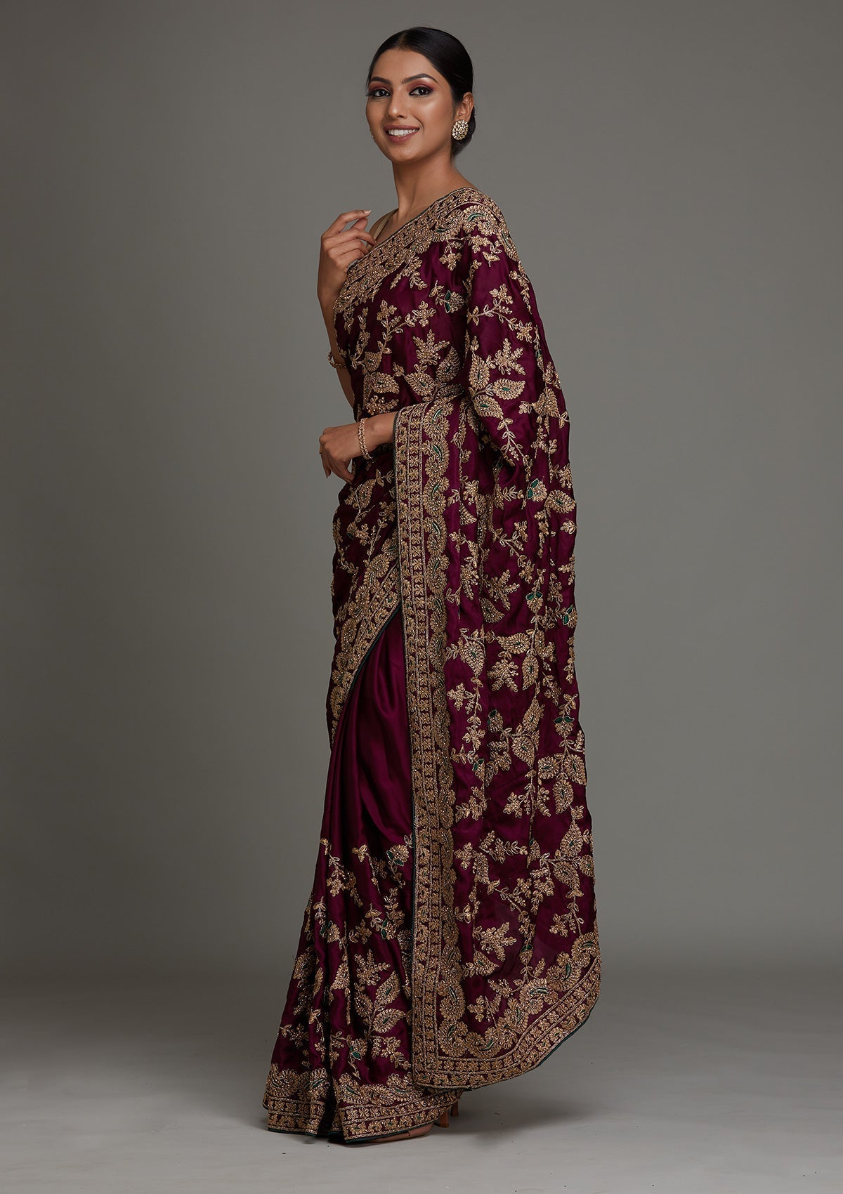 Wine Zariwork Semi Crepe Saree - Koskii