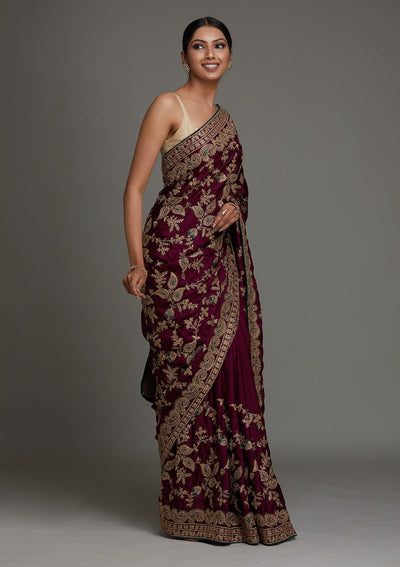 Wine Zariwork Semi Crepe Saree - Koskii