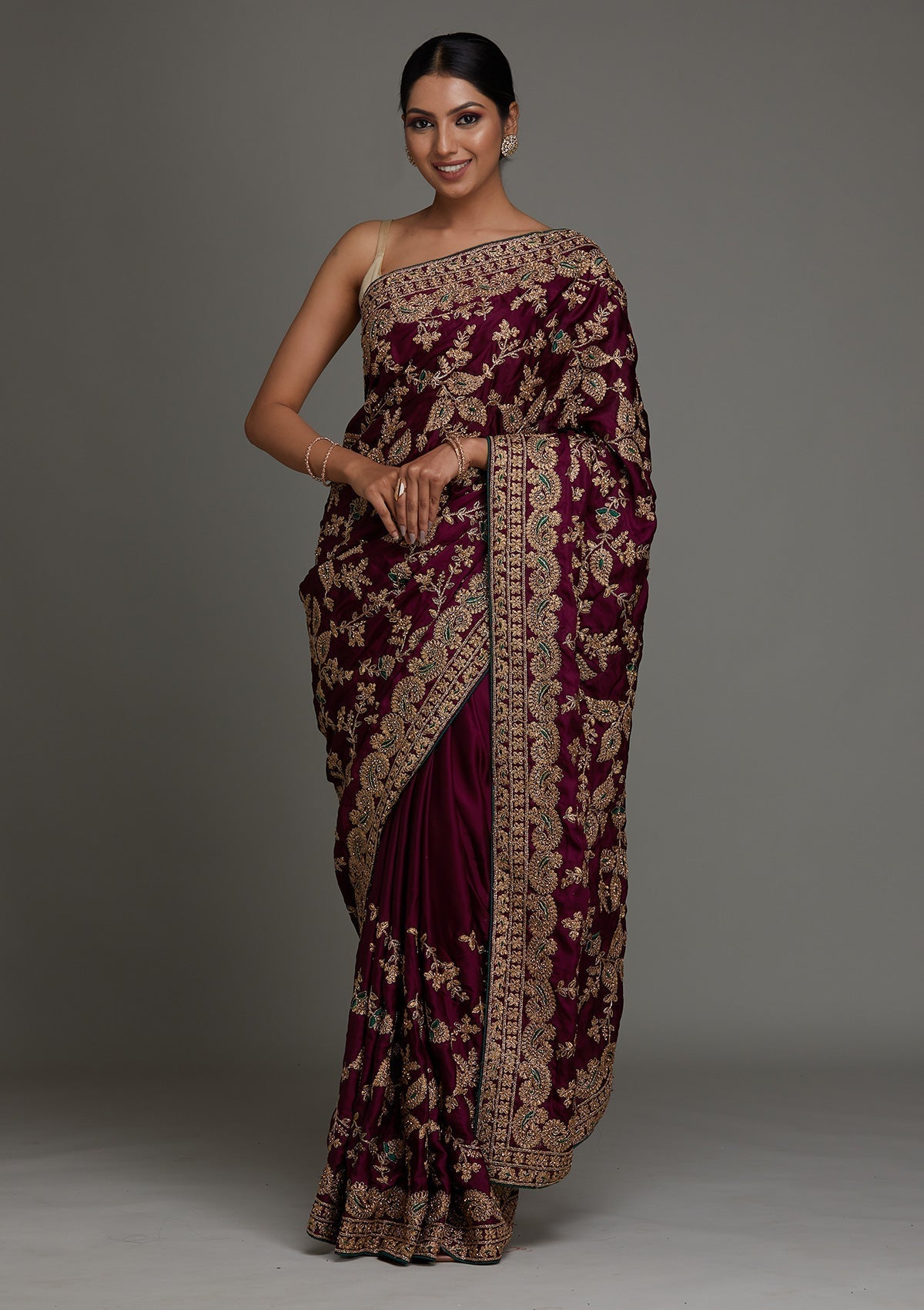 Wine Zariwork Semi Crepe Saree - Koskii