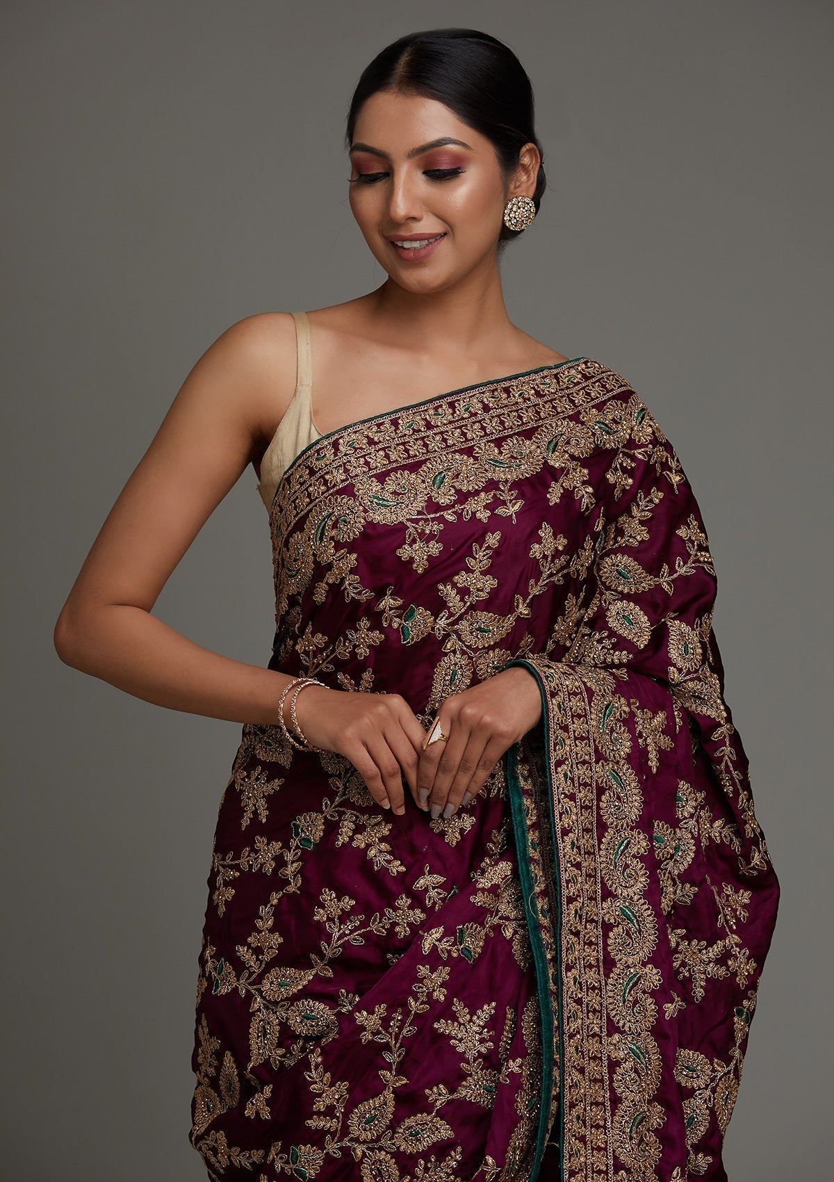 Wine Zariwork Semi Crepe Saree - Koskii