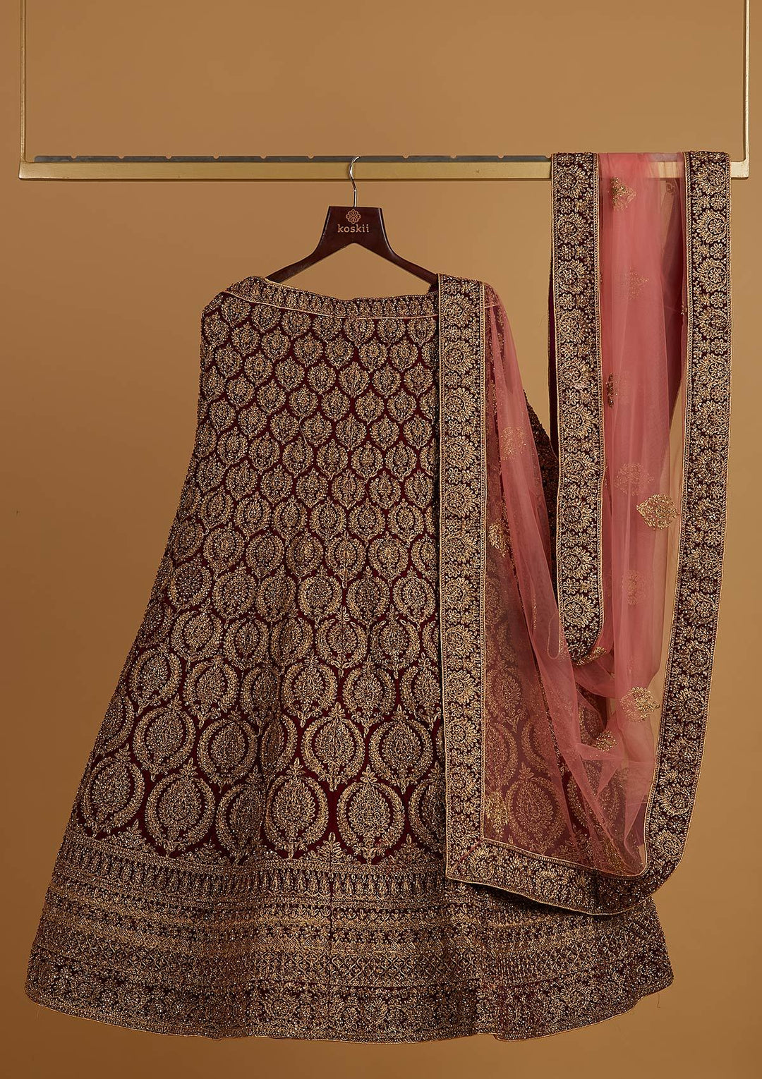 Wine Zariwork Velvet Designer Semi-Stitched Lehenga - koskii
