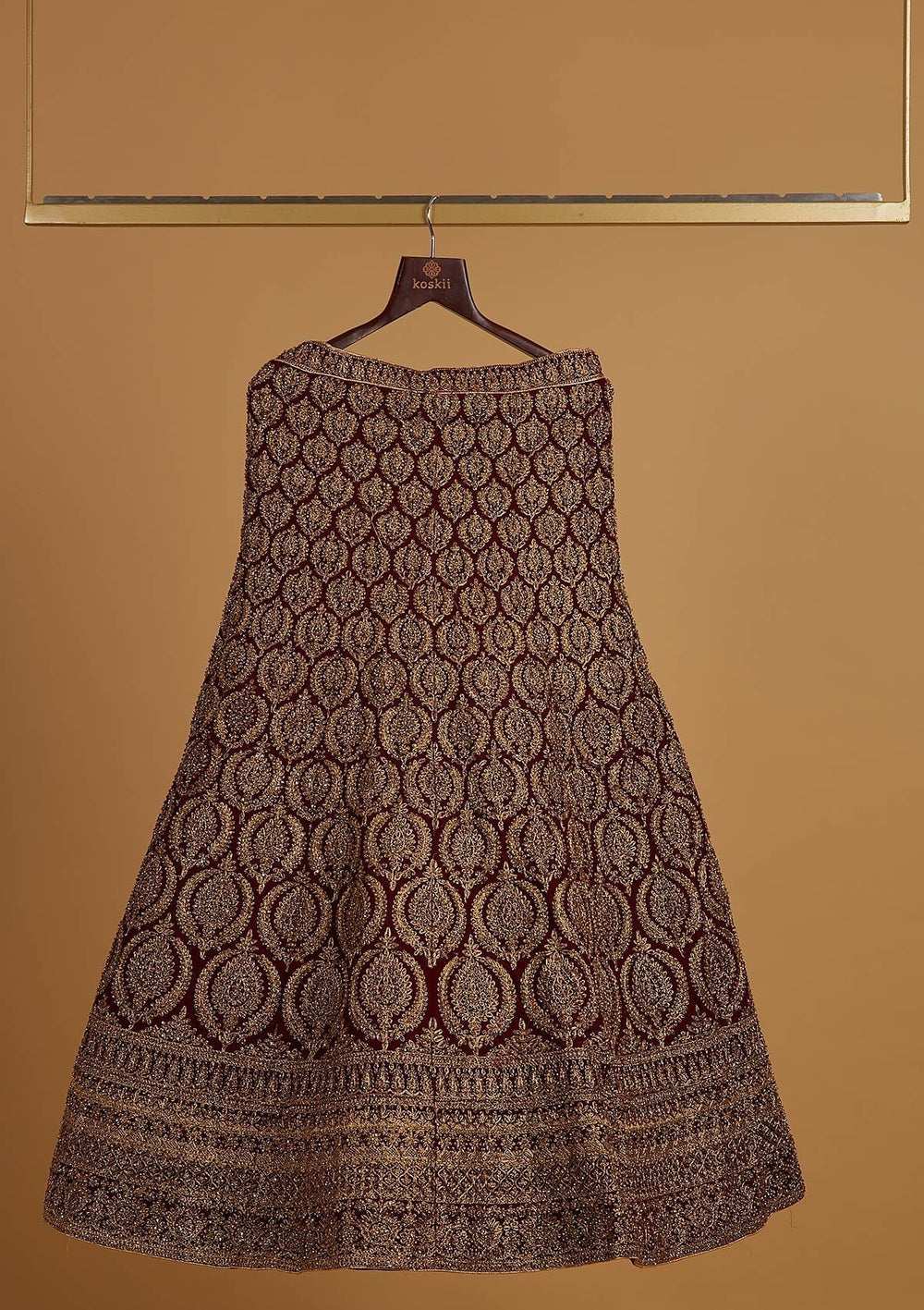 Wine Zariwork Velvet Designer Semi-Stitched Lehenga - koskii