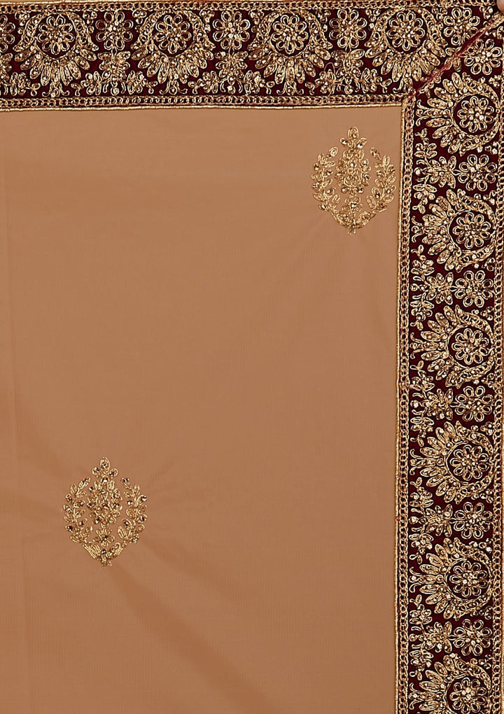 Wine Zariwork Velvet Designer Semi-Stitched Lehenga - koskii