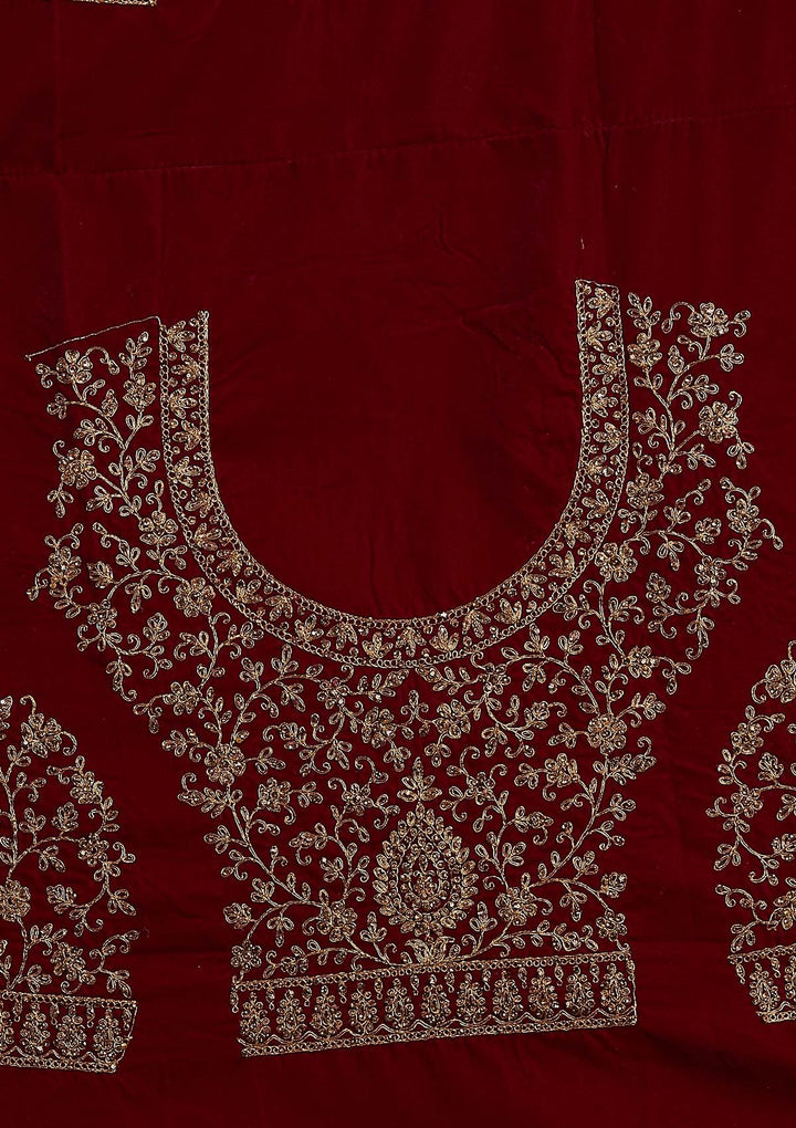 Wine Zariwork Velvet Designer Semi-Stitched Lehenga - koskii