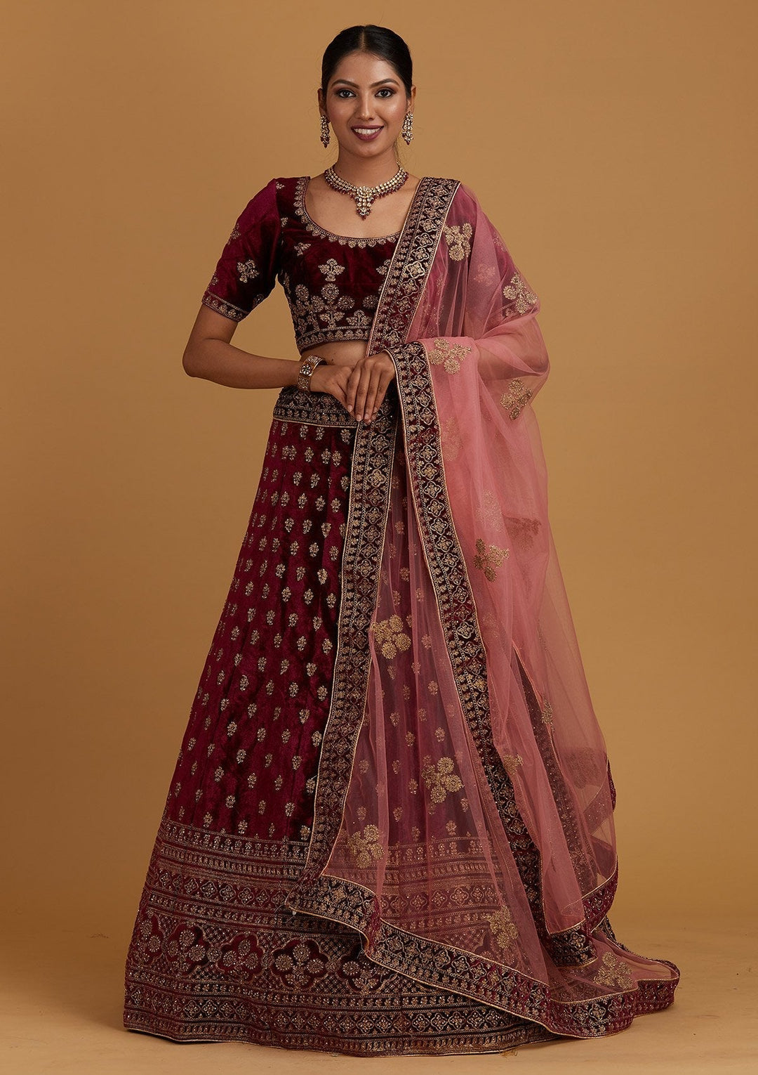 Wine Zariwork Velvet Designer Semi-Stitched Lehenga - Koskii