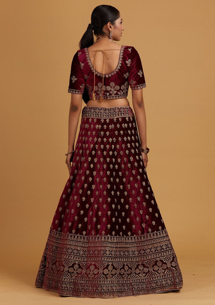 Wine Zariwork Velvet Designer Semi-Stitched Lehenga - Koskii