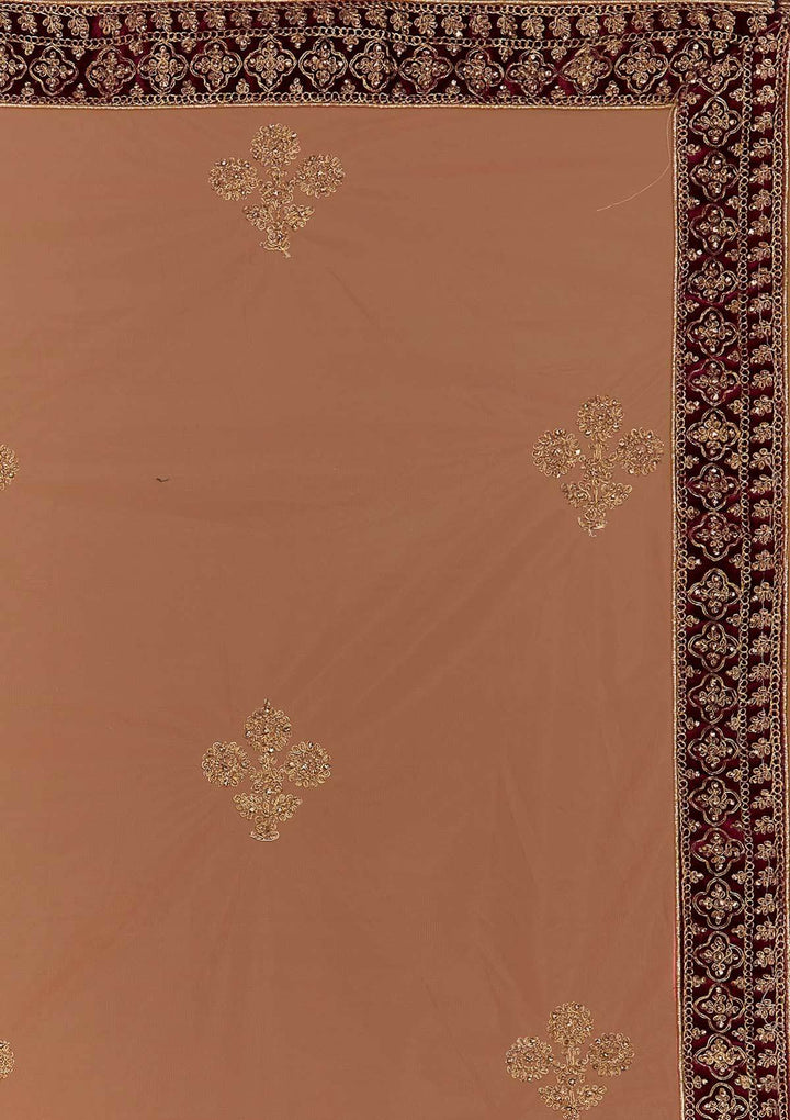 Wine Zariwork Velvet Designer Semi-Stitched Lehenga - Koskii