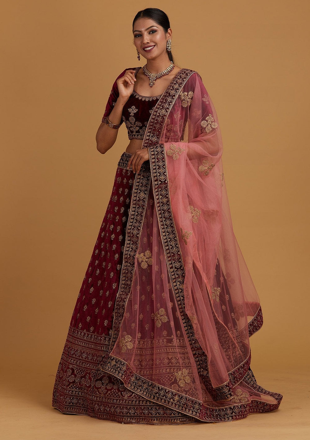 Wine Zariwork Velvet Designer Semi-Stitched Lehenga - Koskii
