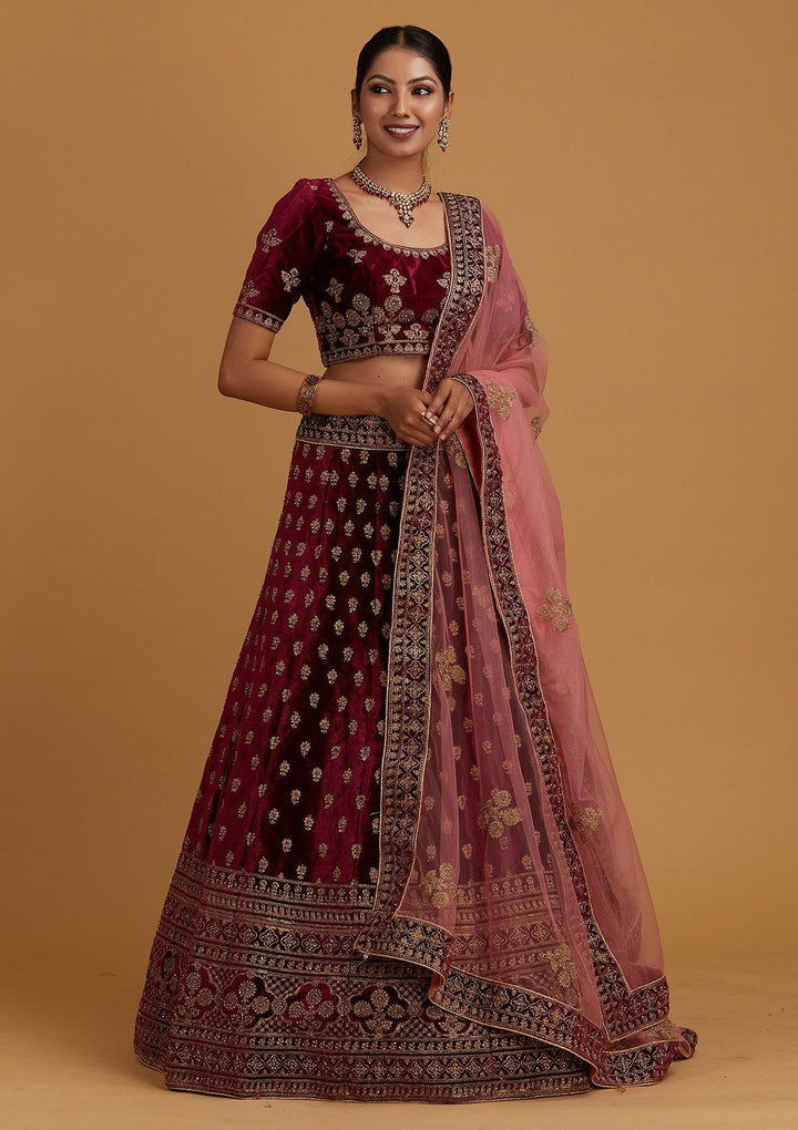 Wine Zariwork Velvet Designer Semi-Stitched Lehenga - Koskii